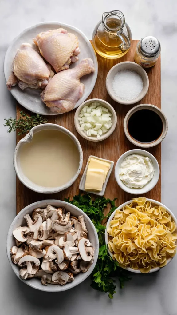 All ingredients for chicken mushroom stroganoff recipe including raw chicken, cremini mushrooms, sour cream, egg noodles, and fresh herbs laid out on counter