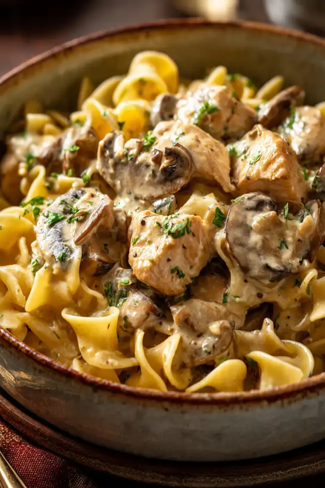Creamy chicken mushroom stroganoff with tender chicken pieces and sliced mushrooms in rich sour cream sauce served over egg noodles in a ceramic bowl