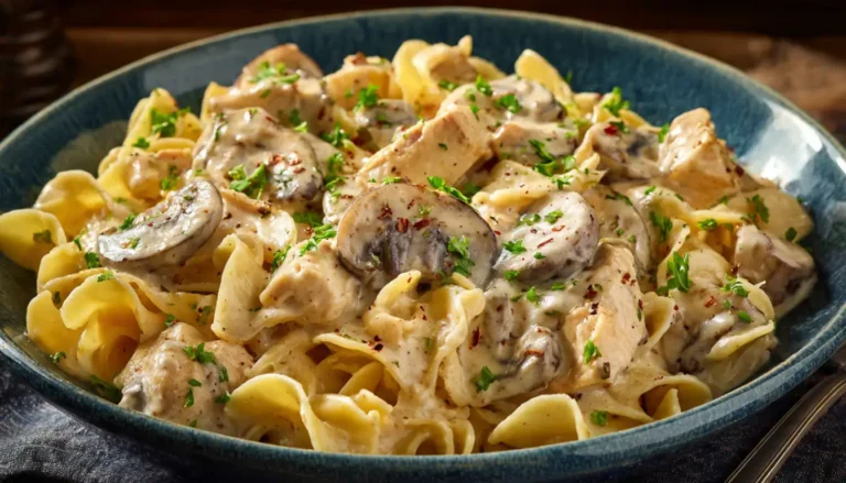 Creamy chicken mushroom stroganoff with tender chicken pieces and sliced mushrooms in rich sour cream sauce served over egg noodles in a ceramic bowl