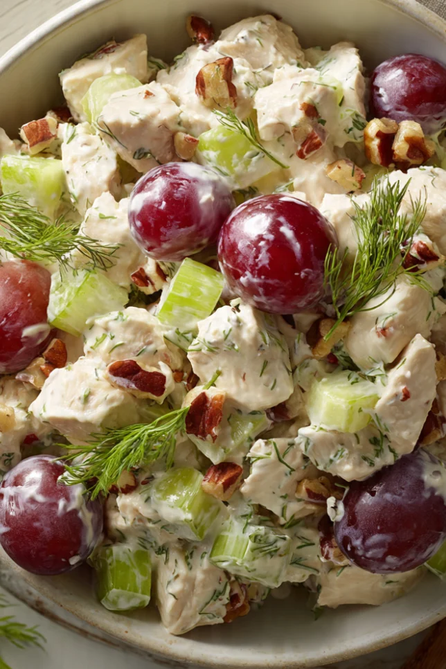 Creamy chicken salad with red grapes, celery, and pecans in a white bowl on wooden table
