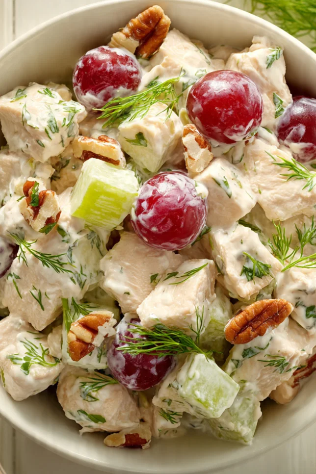 Creamy chicken salad with red grapes, celery, and pecans in a white bowl on wooden table