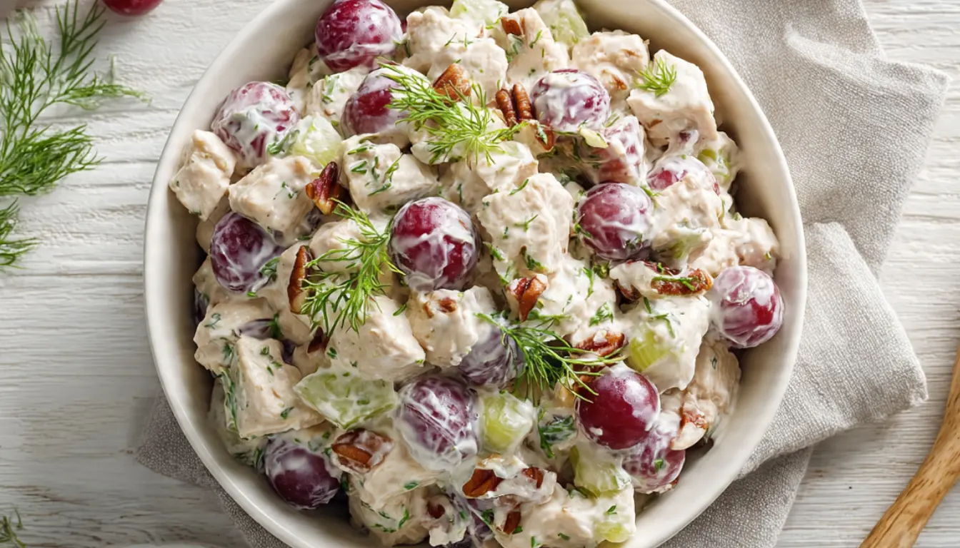 Creamy chicken salad with red grapes, celery, and pecans in a white bowl on wooden table