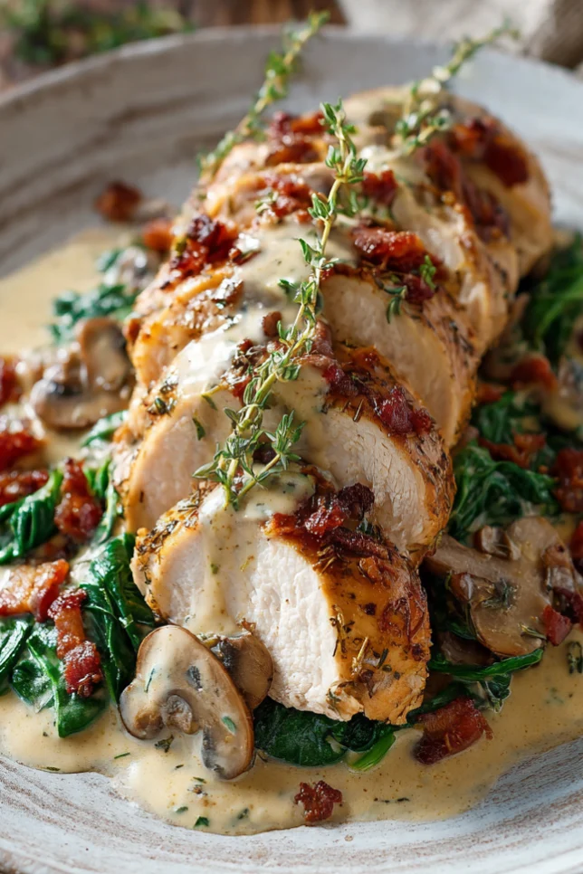 Sliced chicken breast covered in creamy mushroom sauce with spinach and bacon on white plate