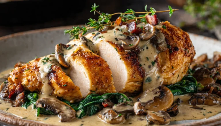 Sliced chicken breast covered in creamy mushroom sauce with spinach and bacon on white plate