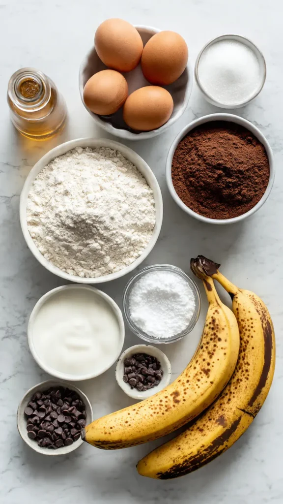 All ingredients needed for healthy chocolate banana cake recipe including ripe bananas, Greek yogurt, whole wheat flour, and dark chocolate chips