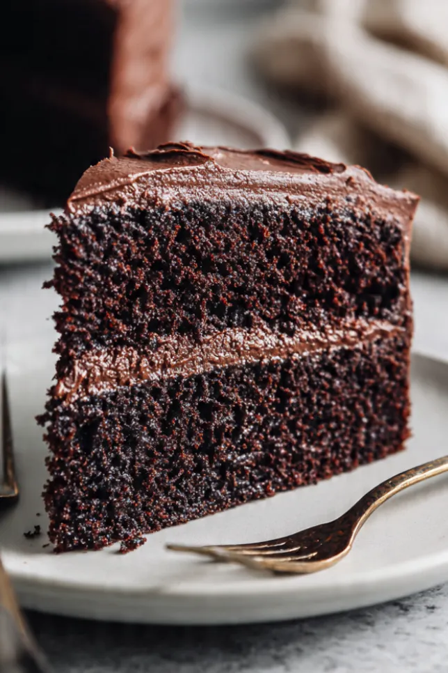 Slice of moist chocolate buttermilk cake showing tender layers with chocolate frosting