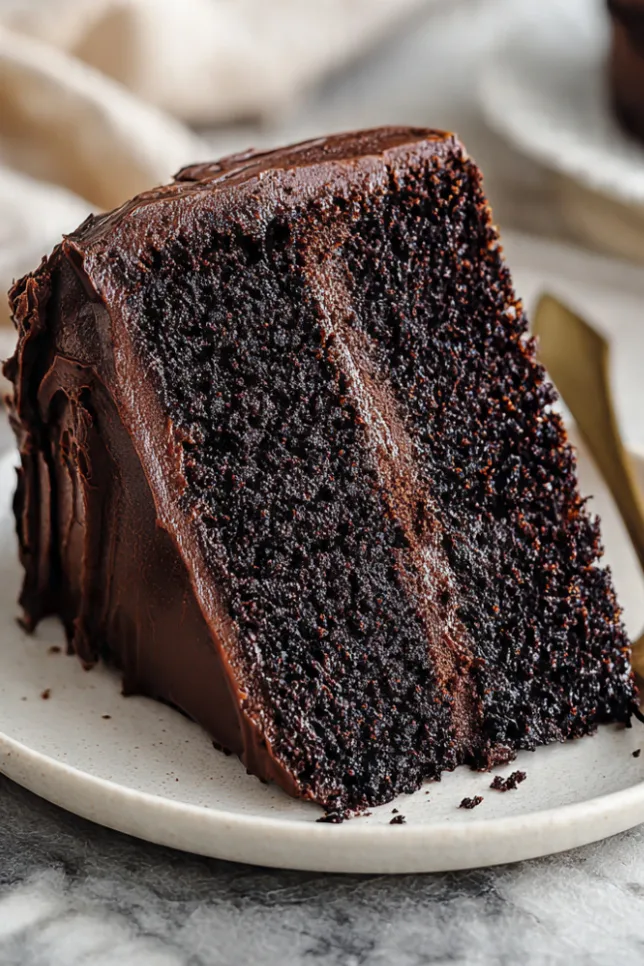 Slice of moist chocolate buttermilk cake showing tender layers with chocolate frosting