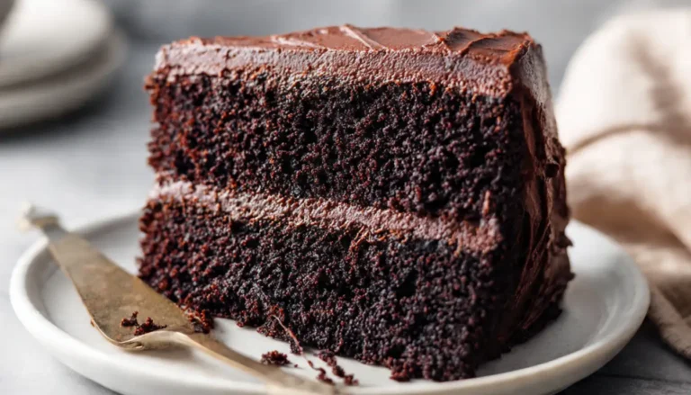 Slice of moist chocolate buttermilk cake showing tender layers with chocolate frosting