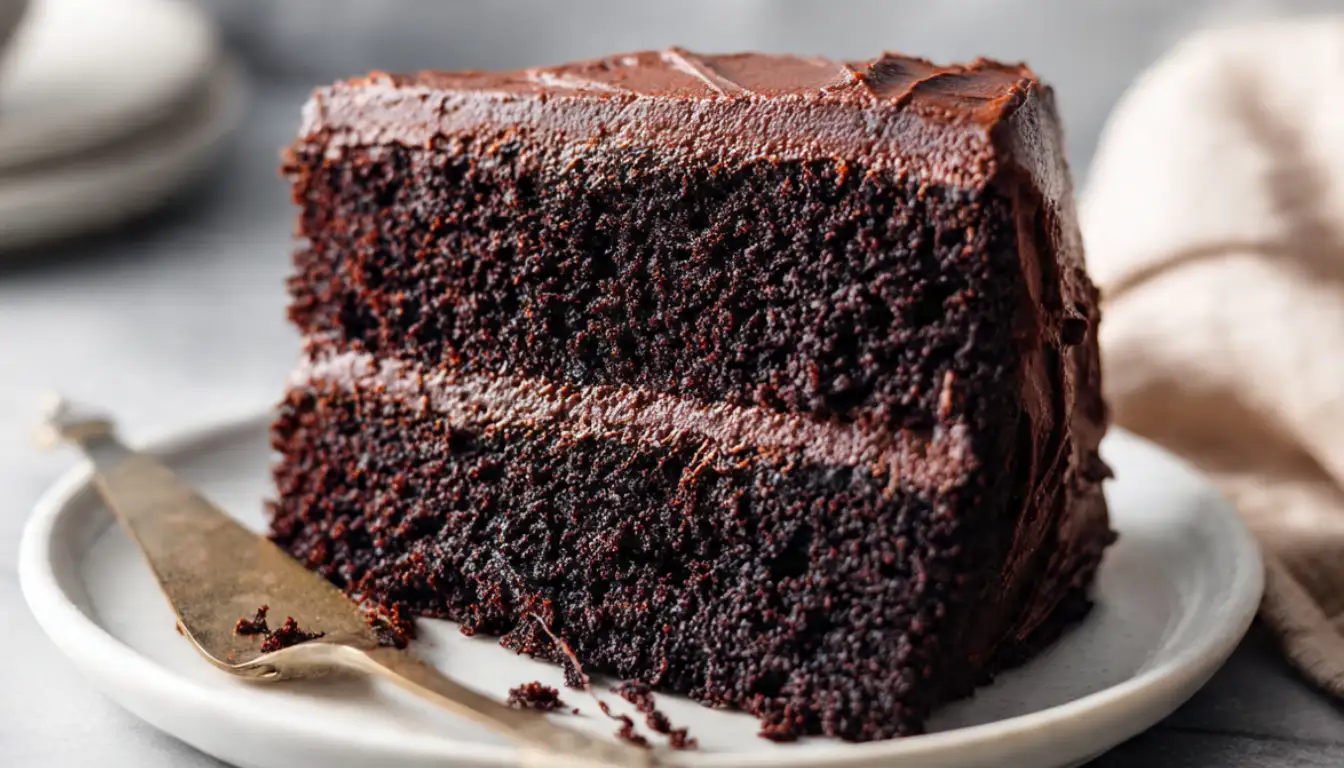 Slice of moist chocolate buttermilk cake showing tender layers with chocolate frosting