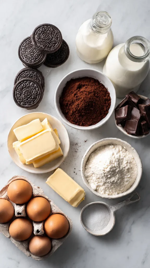 Essential ingredients for homemade no-bake chocolate pudding pie including Oreo cookies, chocolate, heavy cream, and cocoa powder