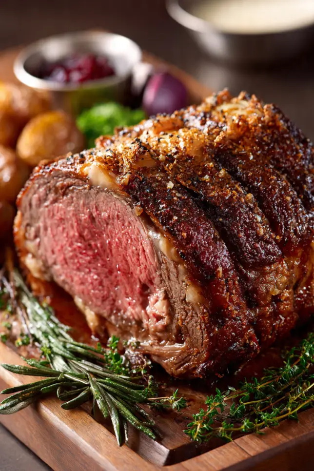 Perfectly roasted Christmas prime rib with golden herb crust on wooden cutting board with fresh rosemary garnish