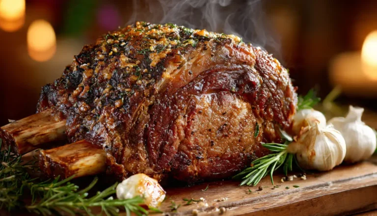 Perfectly roasted Christmas prime rib with golden herb crust on wooden cutting board with fresh rosemary garnish