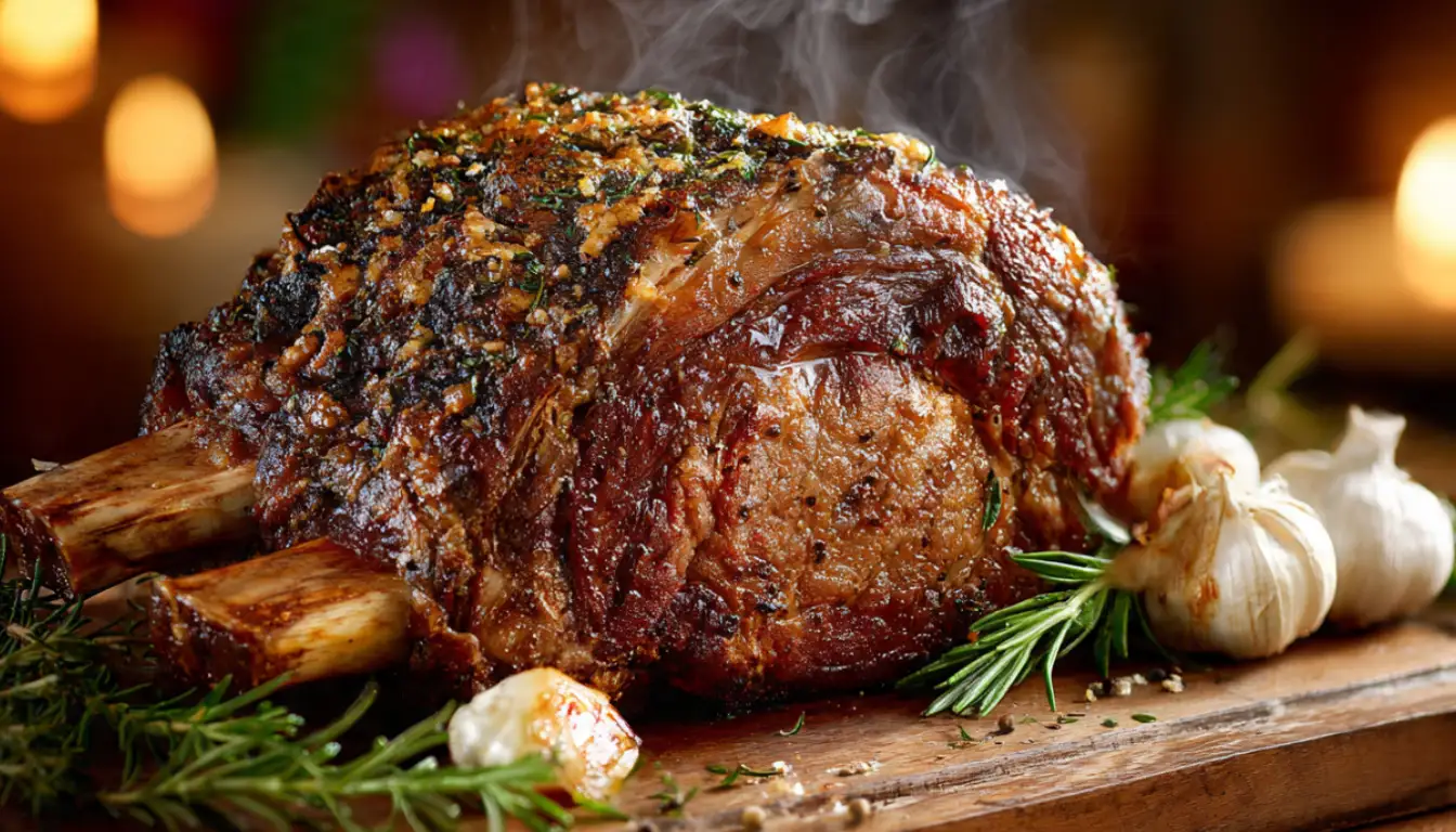 Perfectly roasted Christmas prime rib with golden herb crust on wooden cutting board with fresh rosemary garnish