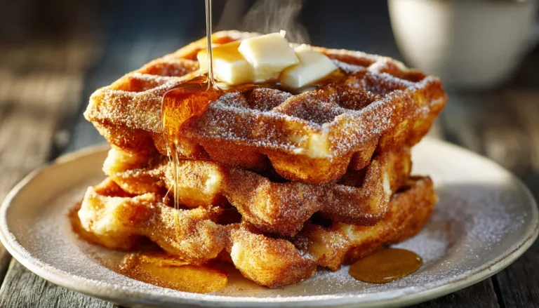 Stack of crispy cinnamon brown sugar waffles with melted butter and maple syrup on white plate