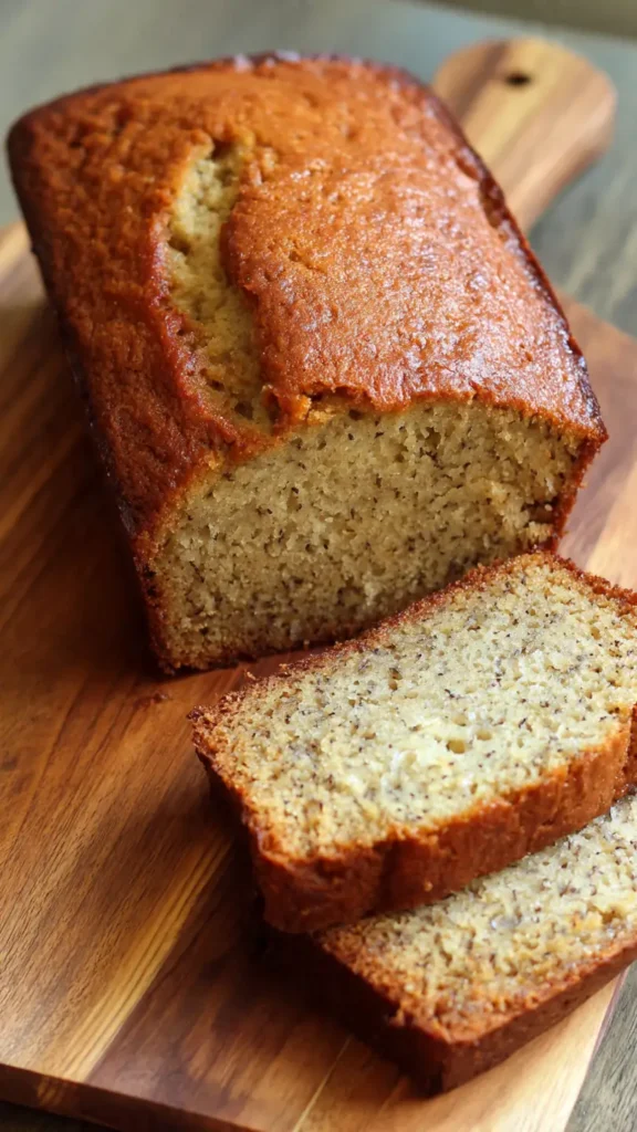 Homemade classic banana bread loaf on wooden cutting board with one slice cut showing moist interior texture