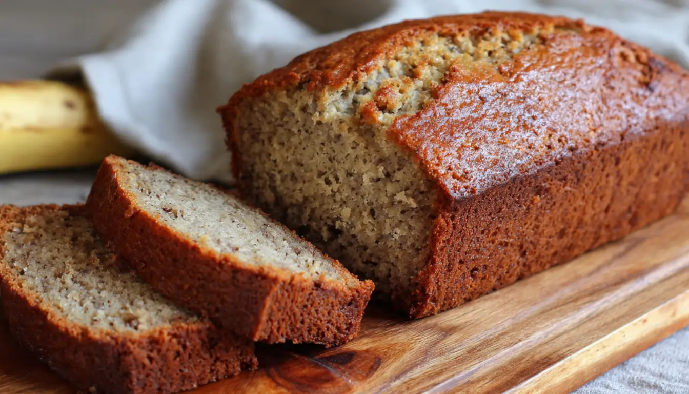 Homemade classic banana bread loaf on wooden cutting board with one slice cut showing moist interior texture