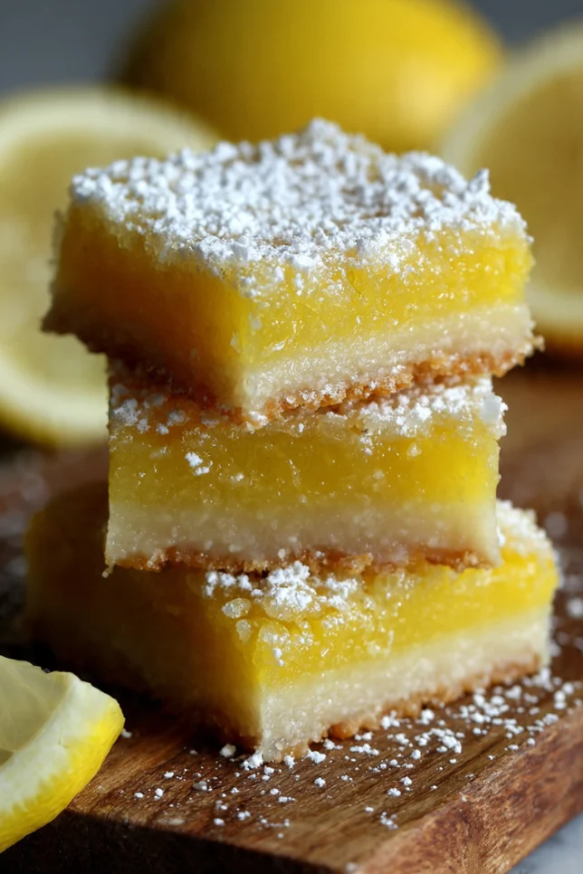 Bees knees lemon bars with buttery shortbread crust and tangy lemon filling dusted with powdered sugar on marble surface