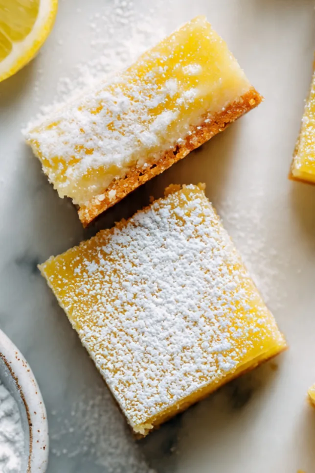 Bees knees lemon bars with buttery shortbread crust and tangy lemon filling dusted with powdered sugar on marble surface