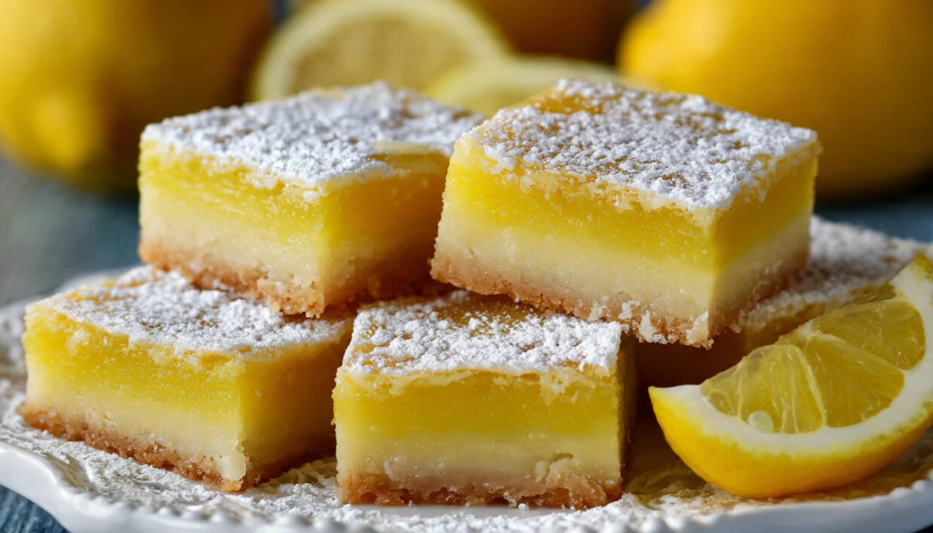 Bees knees lemon bars with buttery shortbread crust and tangy lemon filling dusted with powdered sugar on marble surface