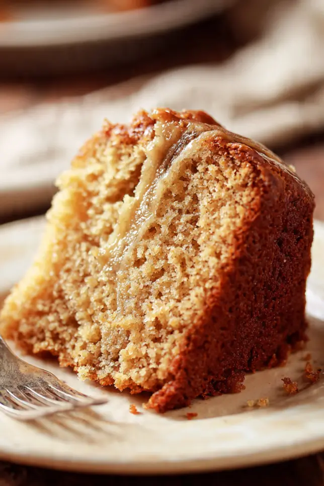 Slice of fluffy homemade banana cake on white plate showing moist golden crumb texture