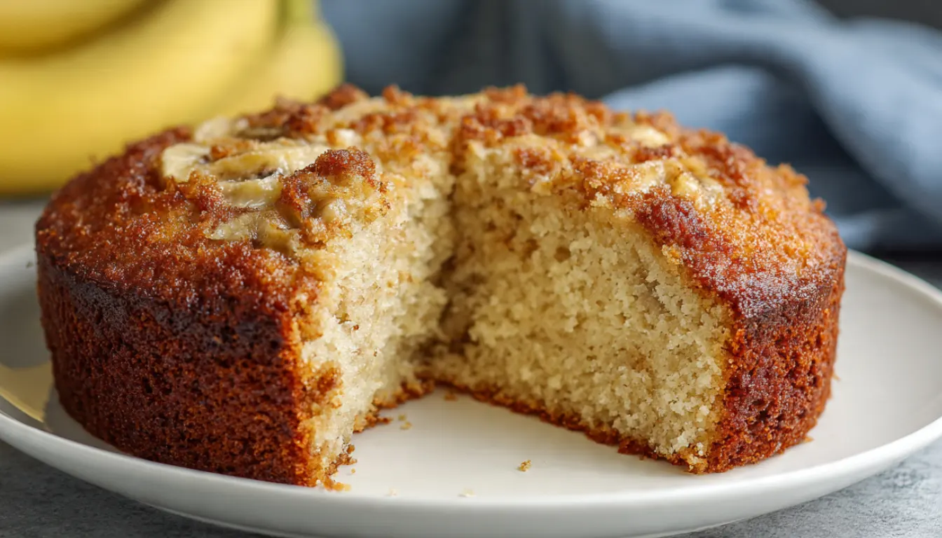 Slice of fluffy homemade banana cake on white plate showing moist golden crumb texture