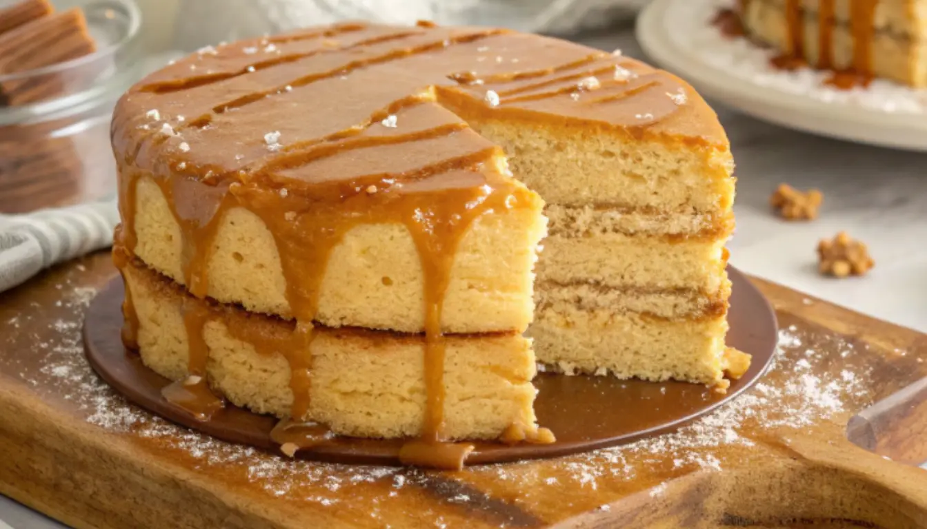Authentic three-layer Southern caramel cake with rich, glossy caramel frosting dripping down the sides, showcasing moist yellow cake layers