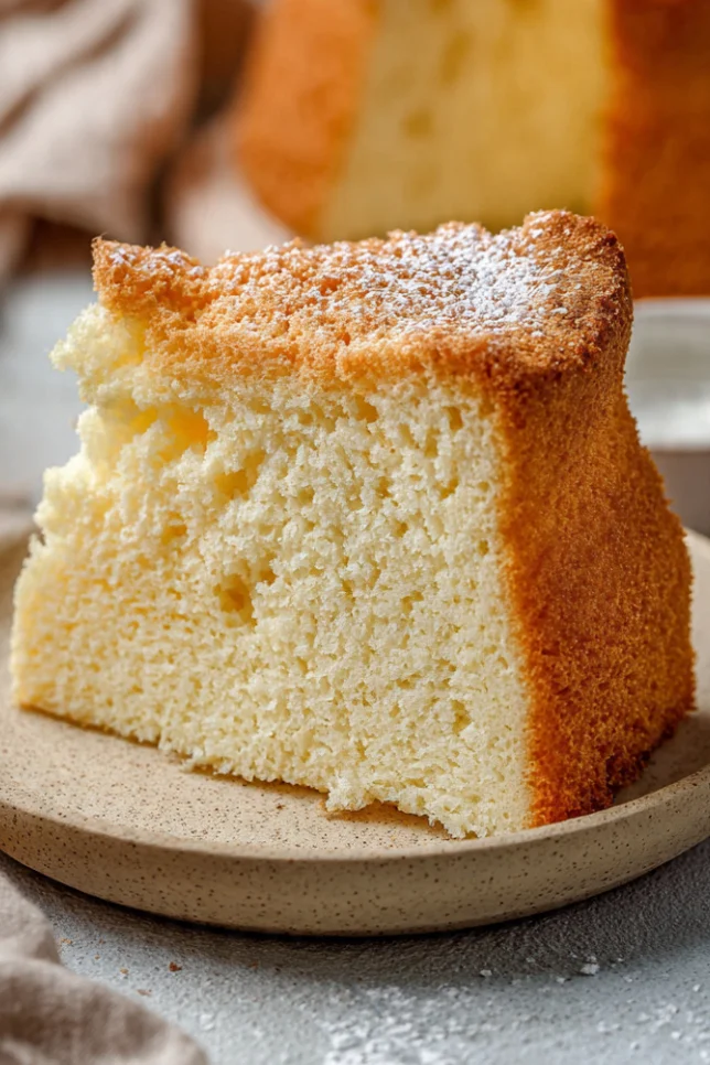 Fluffy slice of cloud cake (blender cake) with light airy texture on white plate