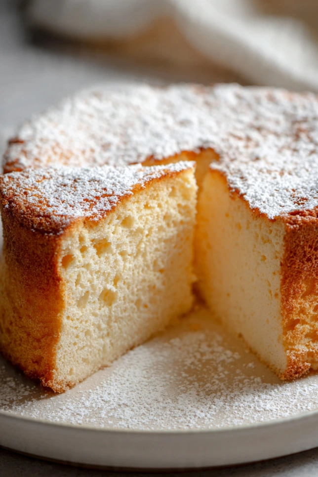 Fluffy slice of cloud cake (blender cake) with light airy texture on white plate