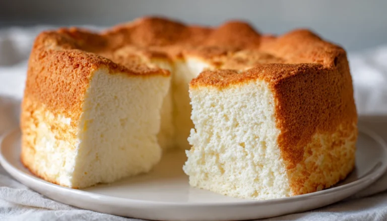Fluffy slice of cloud cake (blender cake) with light airy texture on white plate