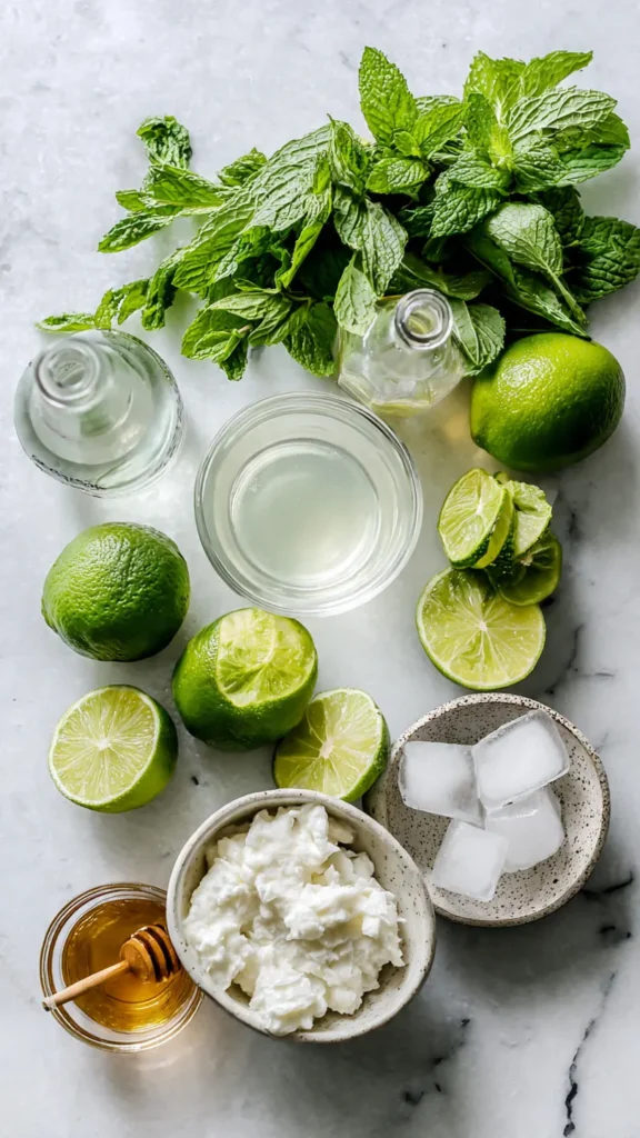 Overhead view of fresh ingredients for coconut mojito mocktail including coconut water, mint, limes, and coconut cream