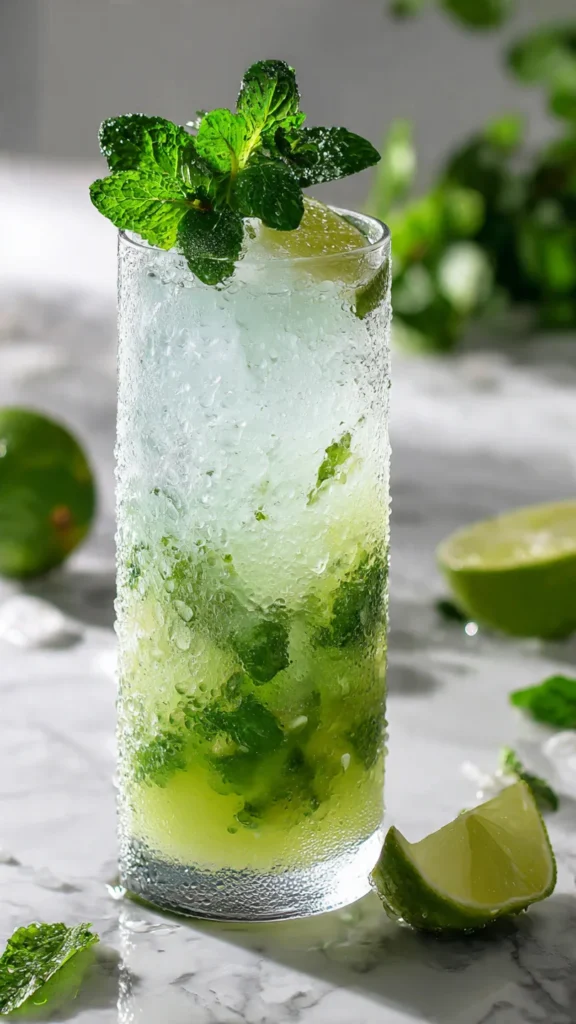 Tall glass of refreshing coconut mojito mocktail garnished with fresh mint and lime slices on marble countertop