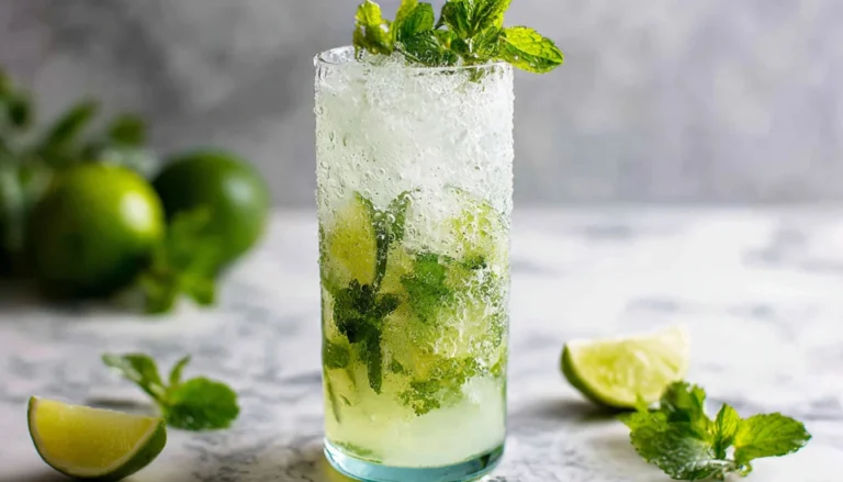 Tall glass of refreshing coconut mojito mocktail garnished with fresh mint and lime slices on marble countertop