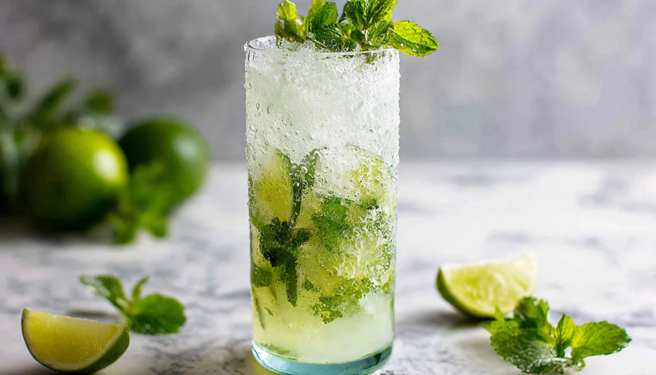 Tall glass of refreshing coconut mojito mocktail garnished with fresh mint and lime slices on marble countertop