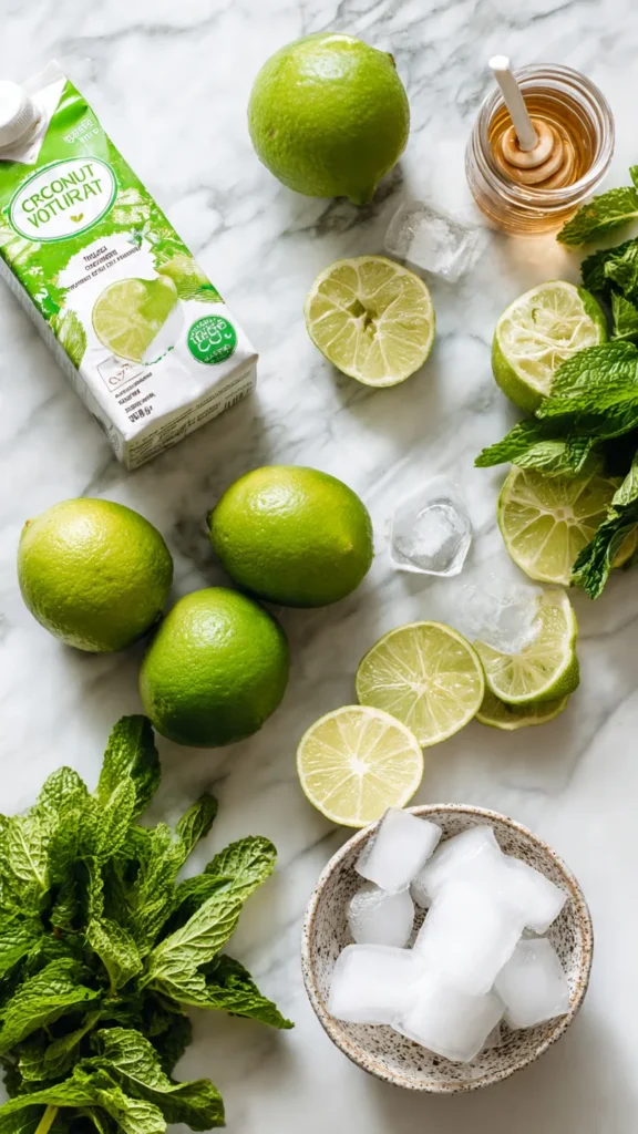Ingredients for coconut water mocktail including organic coconut water, fresh mint, limes, and honey
