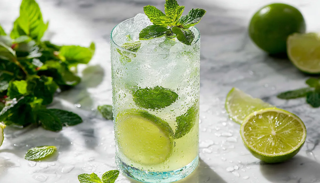 Refreshing coconut water mocktail with fresh mint and lime garnish in a tall glass with ice