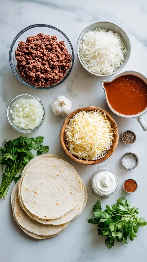 Essential ingredients for wet burritos recipe including ground beef, flour tortillas, Mexican cheese, refried beans, rice and enchilada sauce