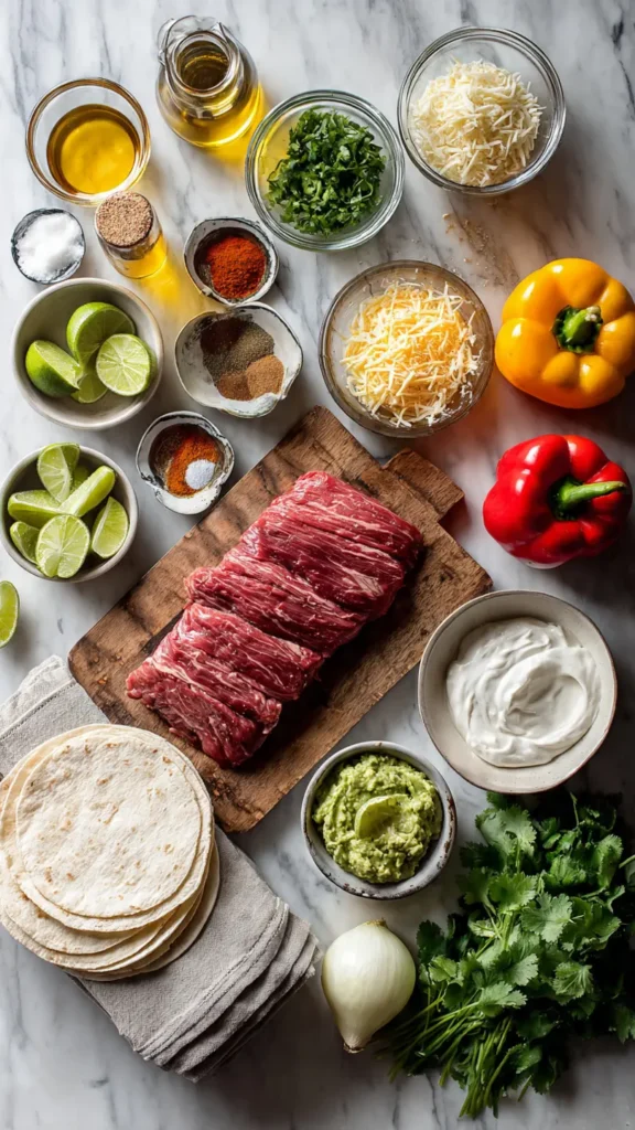 Overhead view of fresh ingredients for homemade steak fajitas including raw flank steak, colorful bell peppers, onions, lime juice, cumin, chili powder, smoked paprika, flour tortillas, guacamole, sour cream, and fresh cilantro