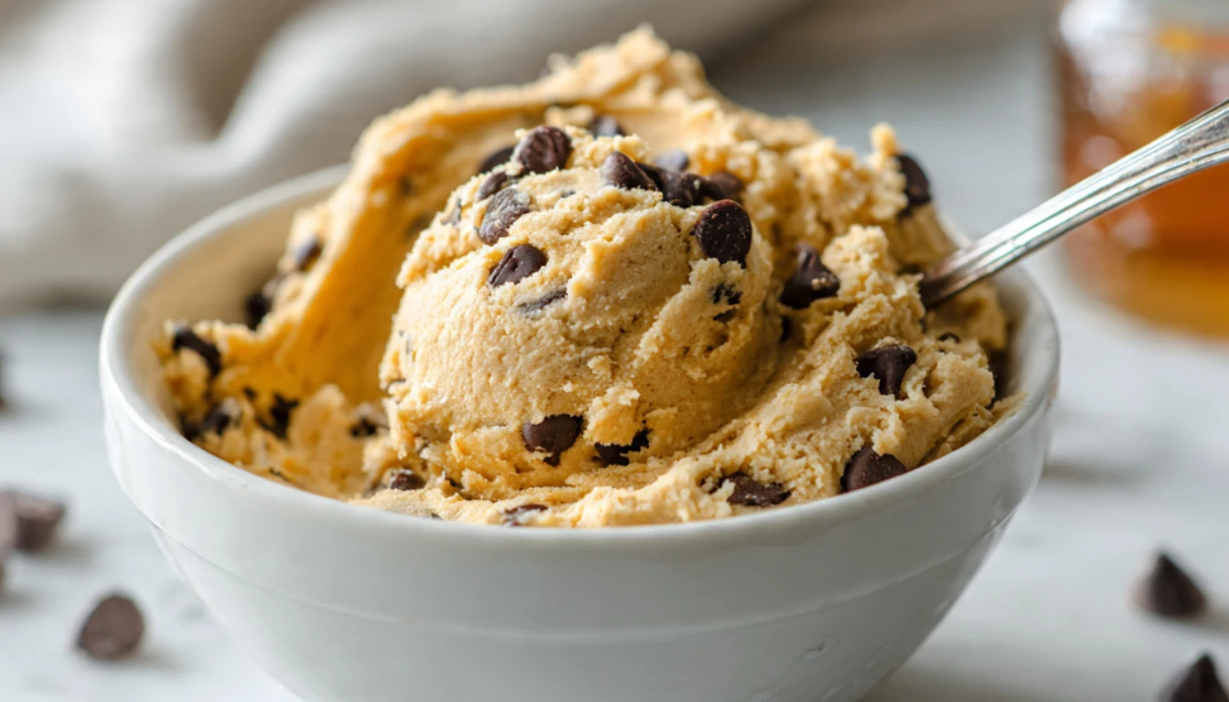 Bowl of homemade cottage cheese cookie dough with chocolate chips and a spoon