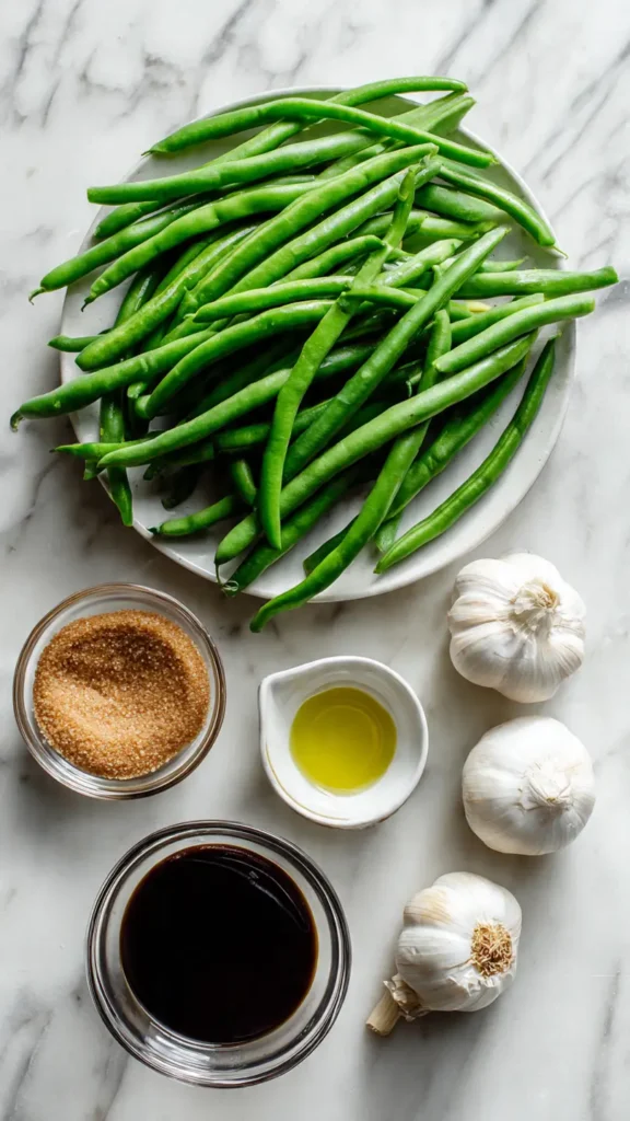 Five simple ingredients for crack green beans recipe: fresh green beans, soy sauce, brown sugar, garlic, and olive oil