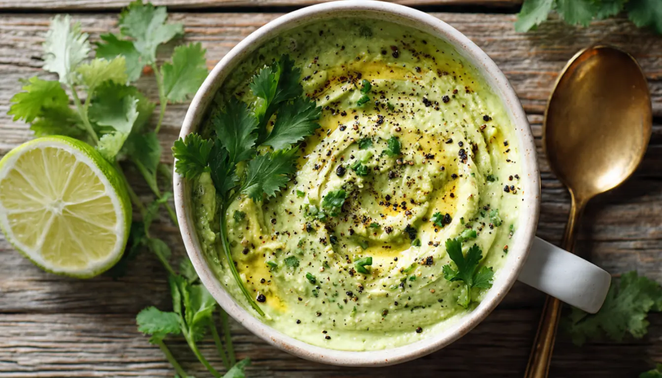 Creamy avocado and egg mixture in white bowl with lime wedge and cilantro garnish on wooden table