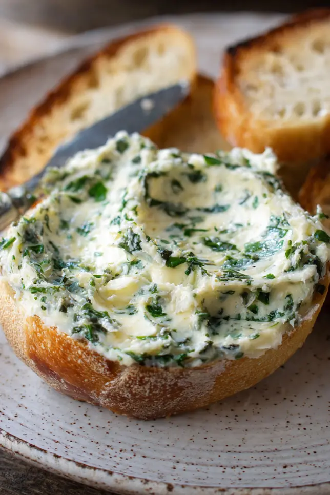 Homemade creamy garlic herb butter rolled into a log and sliced on wooden cutting board with fresh herbs