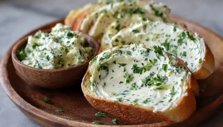 Homemade creamy garlic herb butter rolled into a log and sliced on wooden cutting board with fresh herbs
