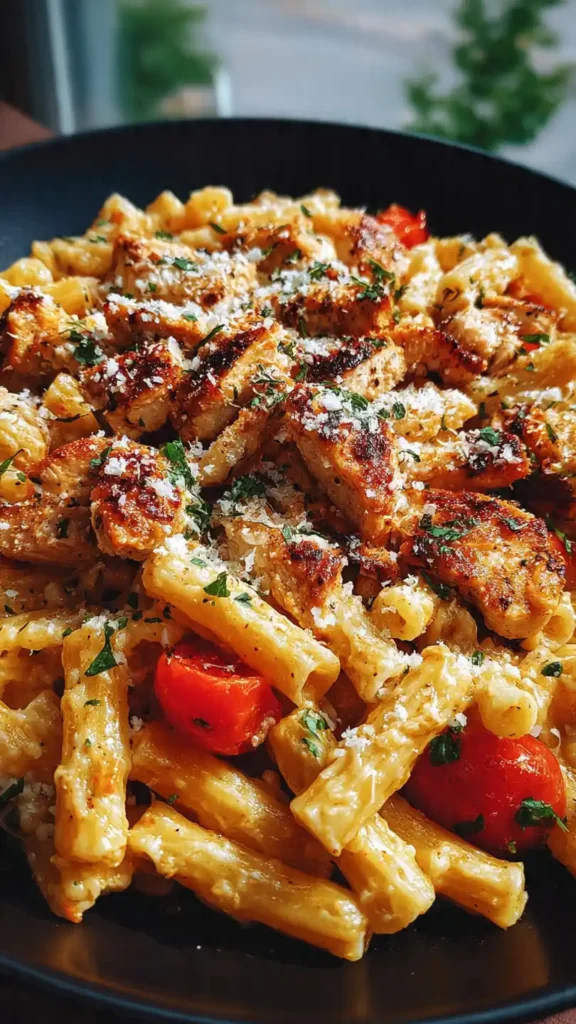 Creamy garlic Parmesan chicken pasta in rustic bowl with fresh herbs and shaved cheese