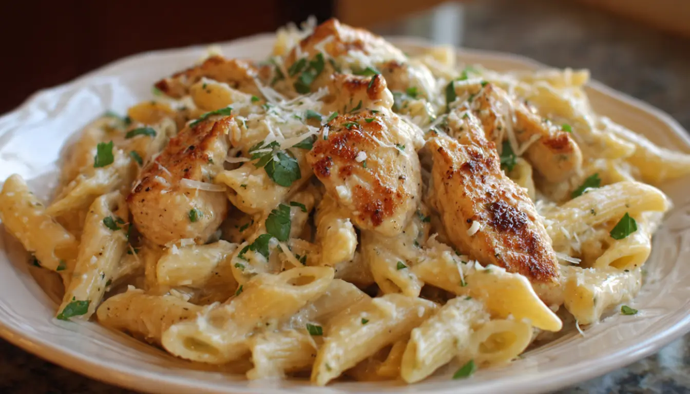 Creamy garlic Parmesan chicken pasta in rustic bowl with fresh herbs and shaved cheese