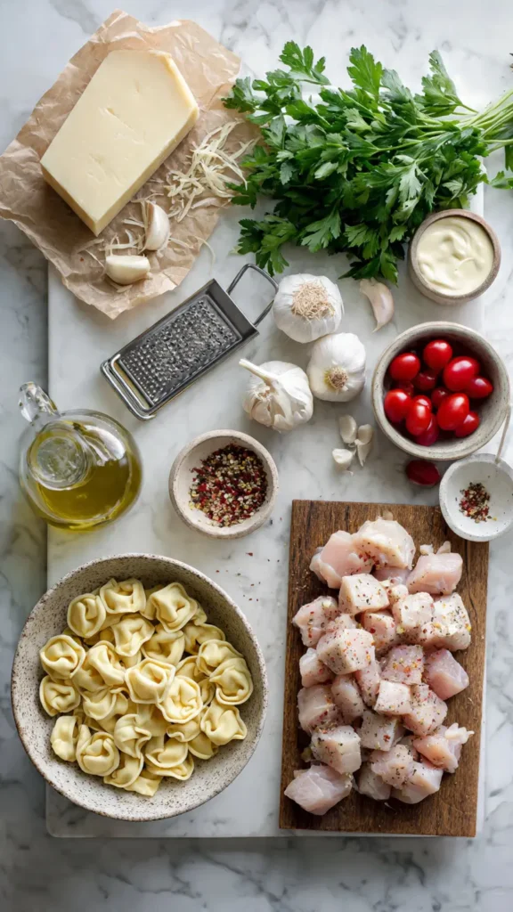 Ingredients for creamy garlic parmesan tortellini including cheese tortellini, chicken, Parmesan, garlic, and cream