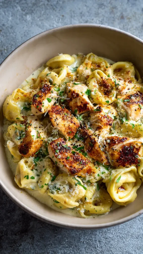 Creamy garlic parmesan tortellini with chicken in white bowl garnished with fresh parsley and Parmesan cheese