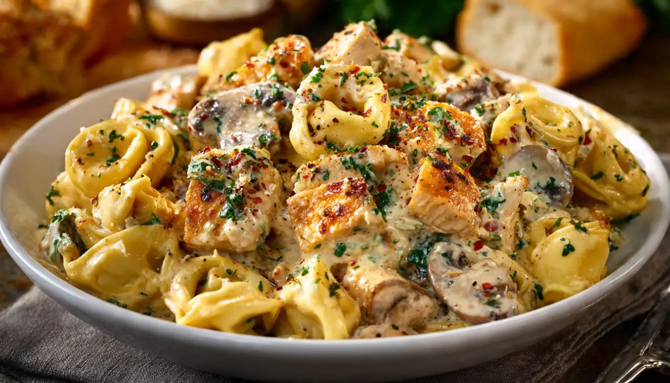 Creamy garlic parmesan tortellini with chicken in white bowl garnished with fresh parsley and Parmesan cheese