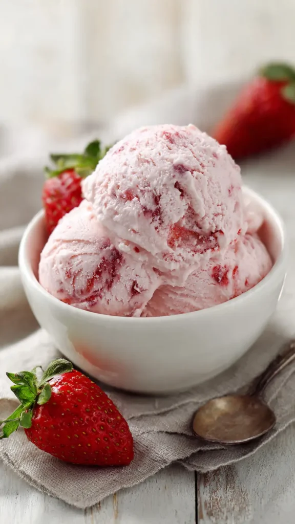 Homemade strawberry ice cream with fresh strawberries in white bowl on wooden table