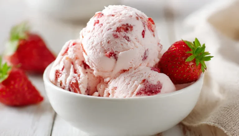 Homemade strawberry ice cream with fresh strawberries in white bowl on wooden table