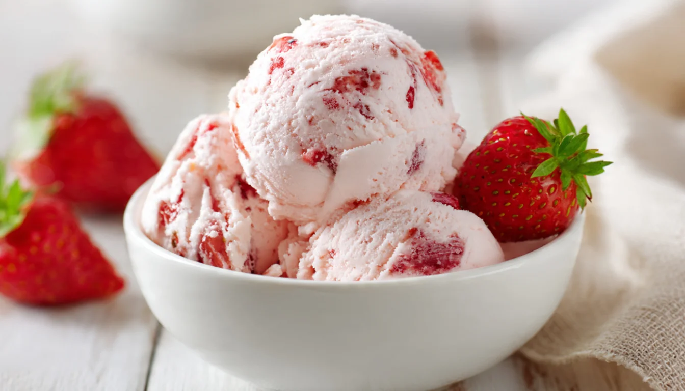 Homemade strawberry ice cream with fresh strawberries in white bowl on wooden table